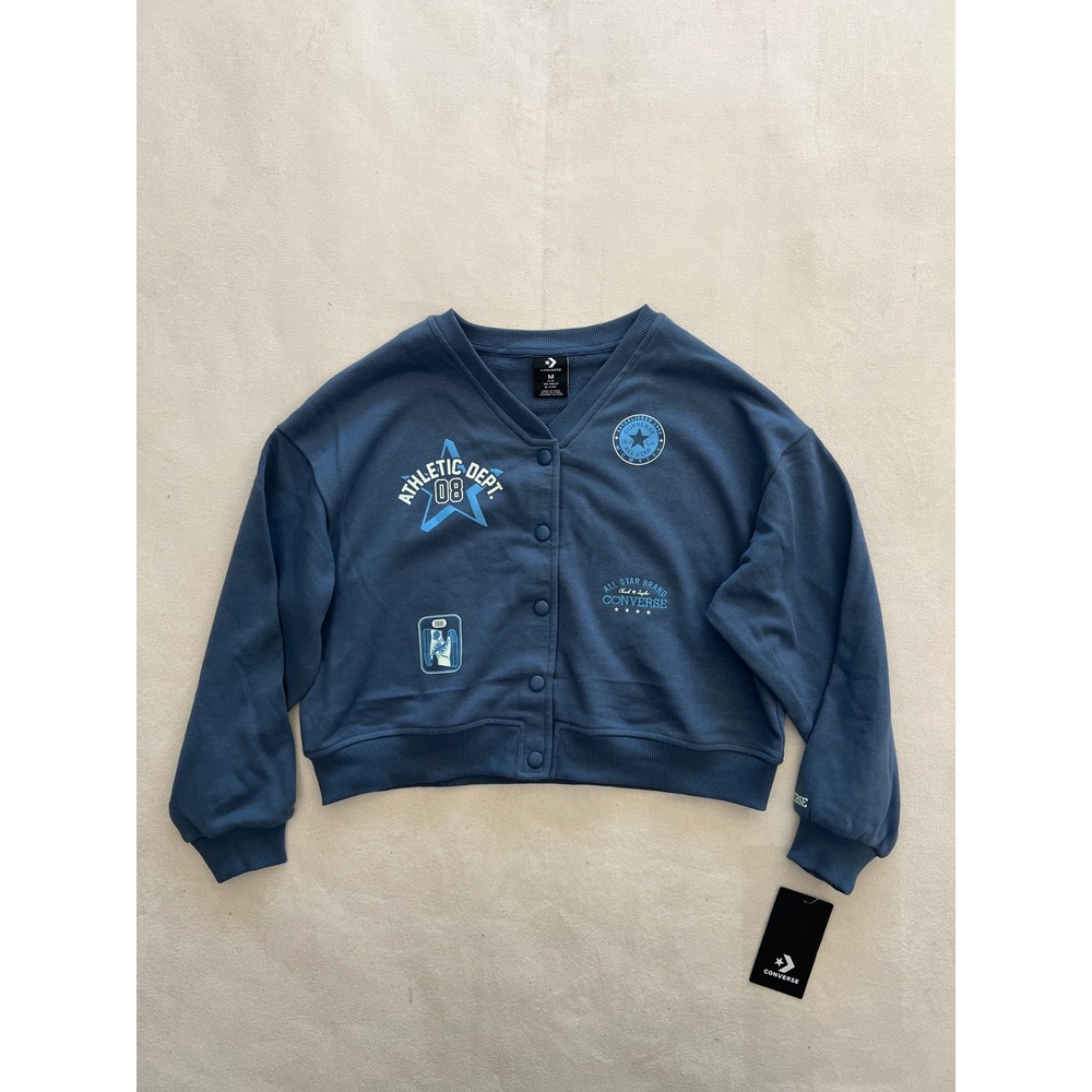 Converse Girls Slacker Blue Varsity Cardigan Sweatshirt 4MH371-UFL Size M 10-12